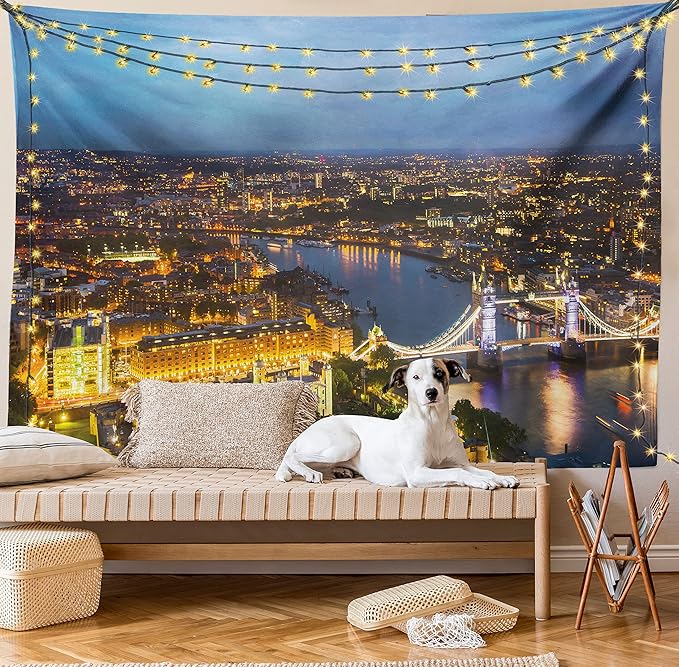 Ambesonne Modern Tapestry, Sunset at London England Cityscape Night Time and Tower Bridge Landmark Urban, Fabric Wall Hanging Decor for Bedroom Living Room Dorm, 45" X 30", Yellow Bluegrey