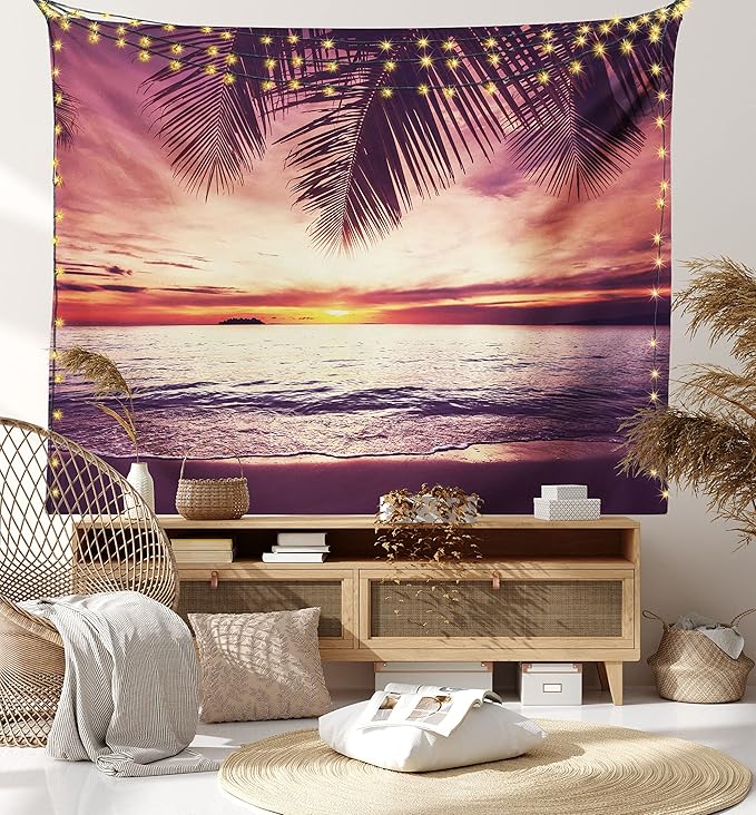 Ambesonne Palm Tree Tapestry, Tropical Beach Under Shadows at Sunset Ocean Waves Serenity of Paradise in Nature, Fabric Wall Hanging Decor for Bedroom Living Room Dorm, 28" X 23", Yellow Purple