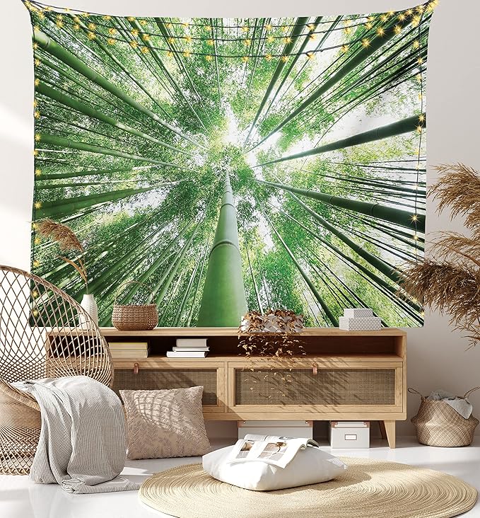 Ambesonne Forest Tapestry King Size, Tropical Rain Forest Tall Trees in Exotic Style Nature Theme Image Sky from Woodland, Wall Hanging Bedspread Bed Cover Wall Decor, 104" X 88", Green