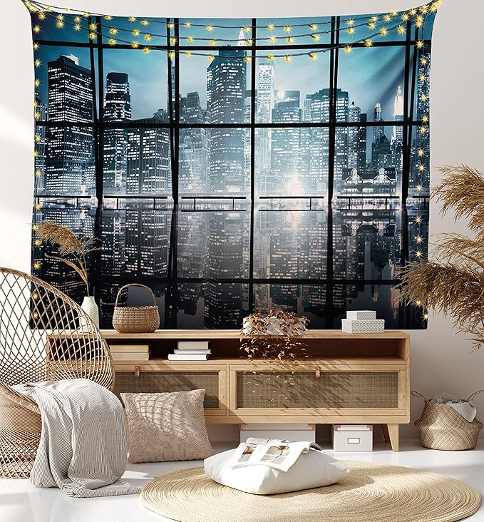 Ambesonne Modern Tapestry, Modern New York City Scenery at Night with Skyscrapers Buildings Print, Fabric Wall Hanging Decor for Bedroom Living Room Dorm, 23" X 28", Black Blue