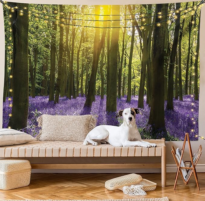 Ambesonne Woodland Tapestry Queen Size, Sunbeams in the Forest of Bluebells Blooms Deep in Woodland Oxfordshire, Wall Hanging Bedspread Bed Cover Wall Decor, 88" X 88", Violet Green Yellow